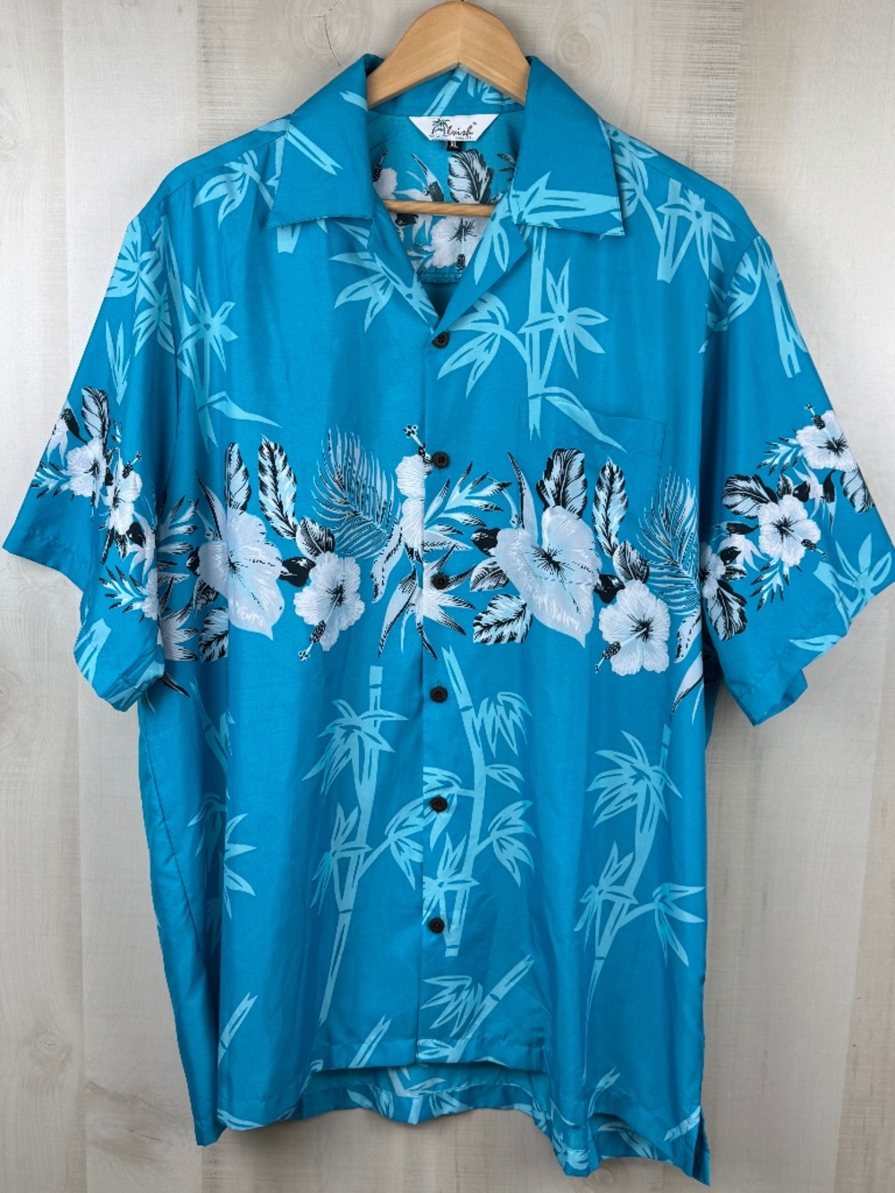 Vintage Alvish Men’s Hawaiian Shirt Turquoise Aloha Hibiscus Floral Bamboo XL